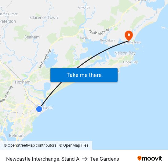 Newcastle Interchange, Stand A to Tea Gardens map