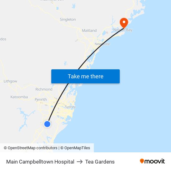 Main Campbelltown Hospital to Tea Gardens map