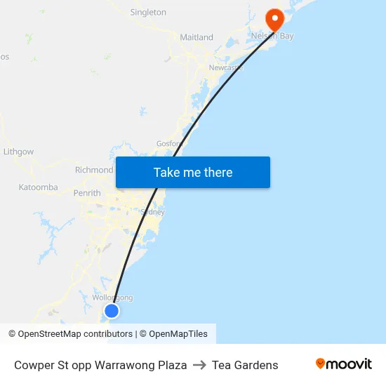 Cowper St opp Warrawong Plaza to Tea Gardens map