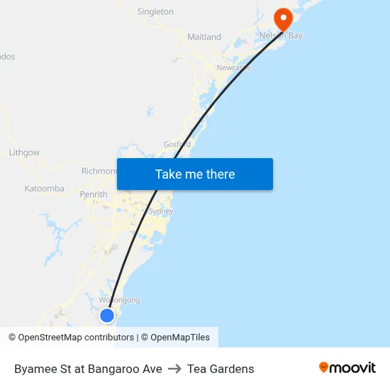 Byamee St at Bangaroo Ave to Tea Gardens map
