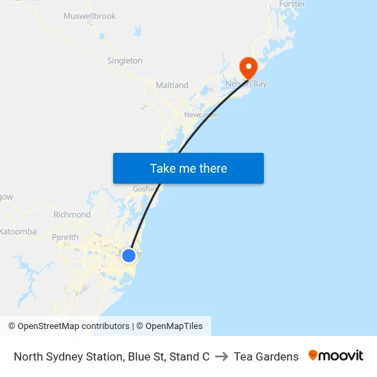 North Sydney Station, Blue St, Stand C to Tea Gardens map