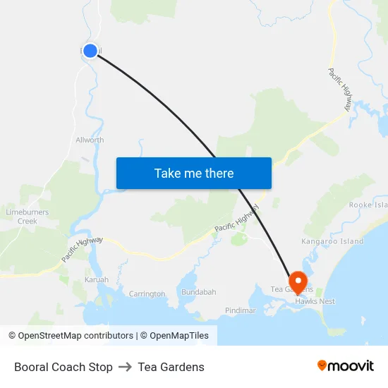 Booral Coach Stop to Tea Gardens map