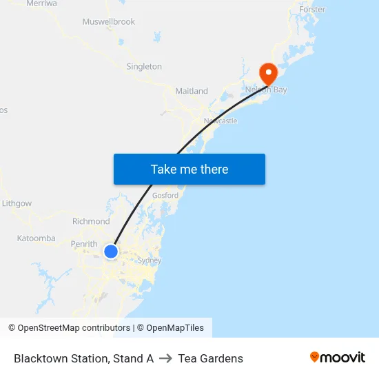 Blacktown Station, Stand A to Tea Gardens map