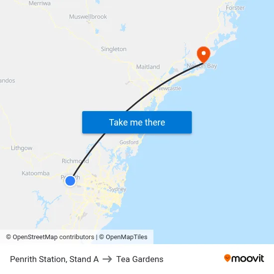 Penrith Station, Stand A to Tea Gardens map