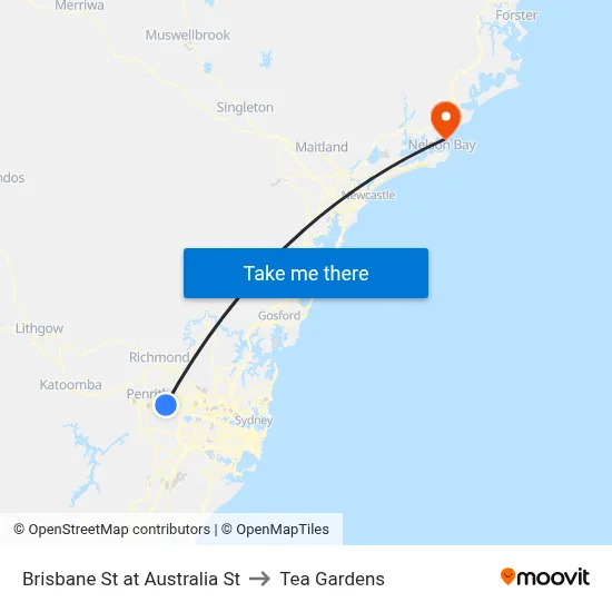 Brisbane St at Australia St to Tea Gardens map