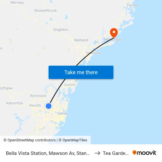 Bella Vista Station, Mawson Av, Stand A to Tea Gardens map