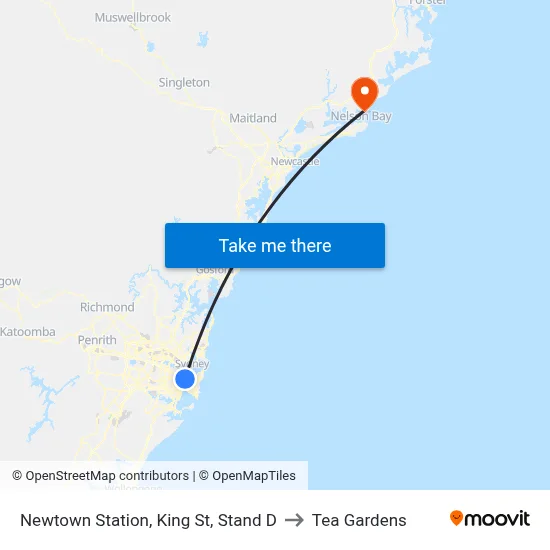 Newtown Station, King St, Stand D to Tea Gardens map