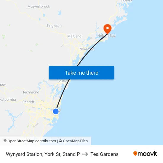 Wynyard Station, York St, Stand P to Tea Gardens map