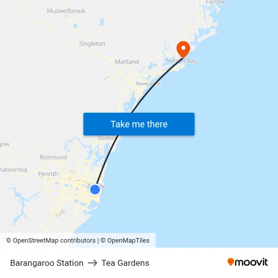 Barangaroo Station to Tea Gardens map