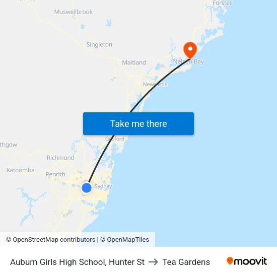 Auburn Girls High School, Hunter St to Tea Gardens map