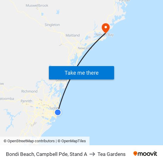 Bondi Beach, Campbell Pde, Stand A to Tea Gardens map