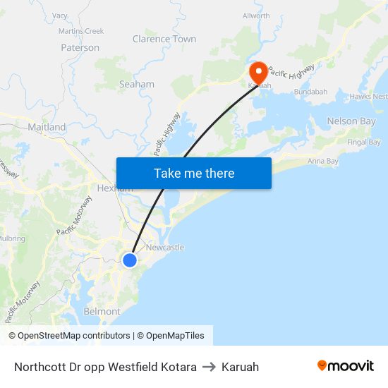 Northcott Dr opp Westfield Kotara to Karuah map