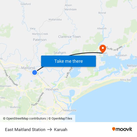 East Maitland Station to Karuah map