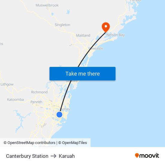 Canterbury Station to Karuah map