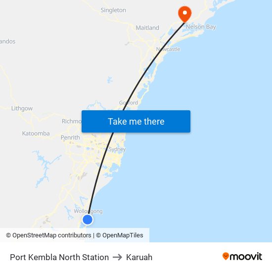 Port Kembla North Station to Karuah map