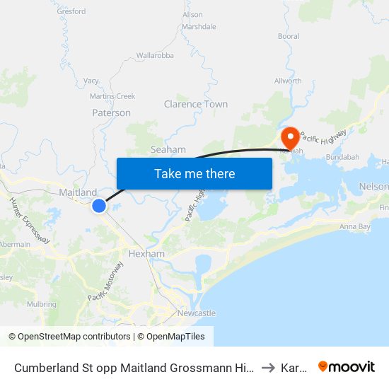 Cumberland St opp Maitland Grossmann High School to Karuah map