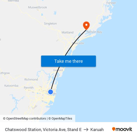 Chatswood Station, Victoria Ave, Stand E to Karuah map