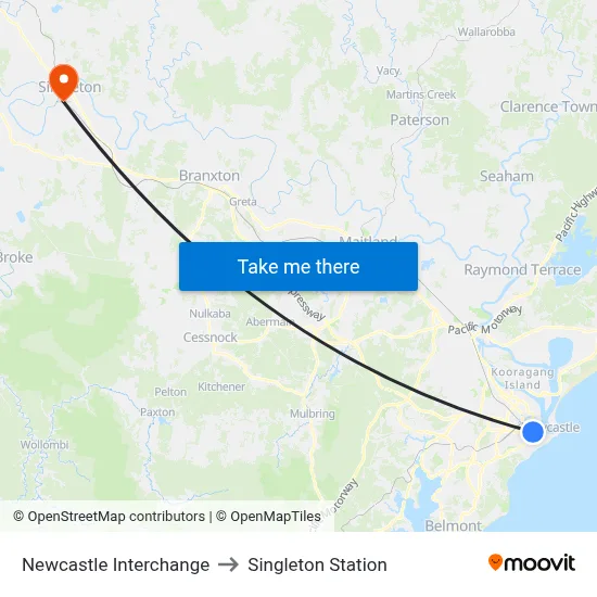 Newcastle Interchange to Singleton Station map