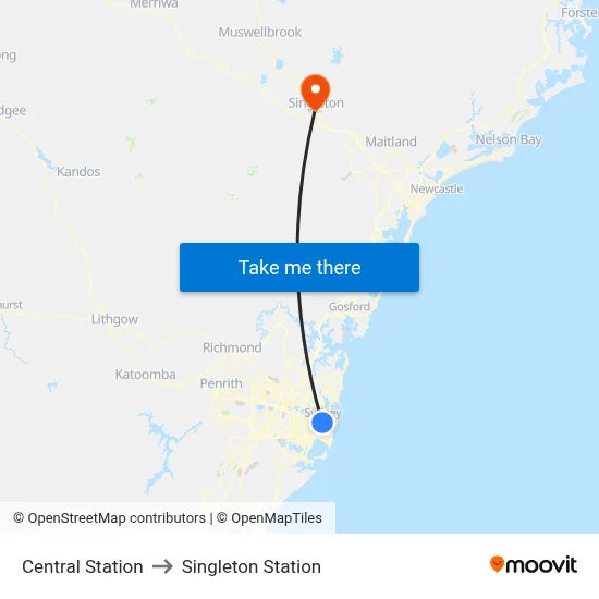 Central Station to Singleton Station map