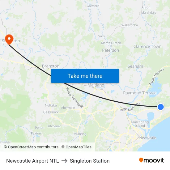 Newcastle Airport NTL to Singleton Station map
