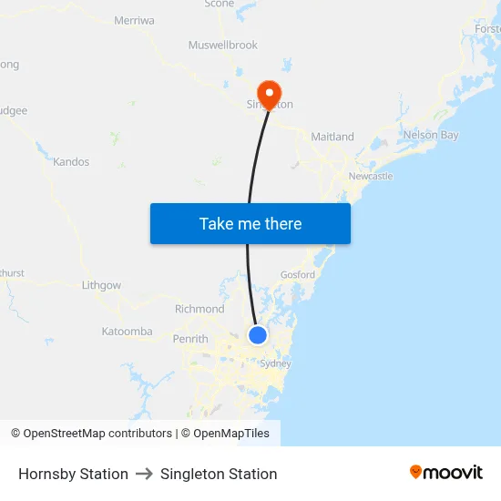 Hornsby Station to Singleton Station map