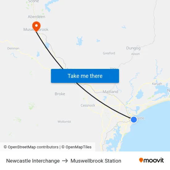 Newcastle Interchange to Muswellbrook Station map