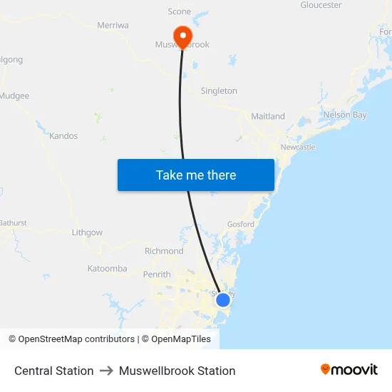 Central Station to Muswellbrook Station map