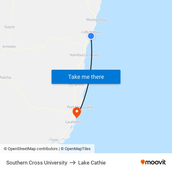 Southern Cross University to Lake Cathie map