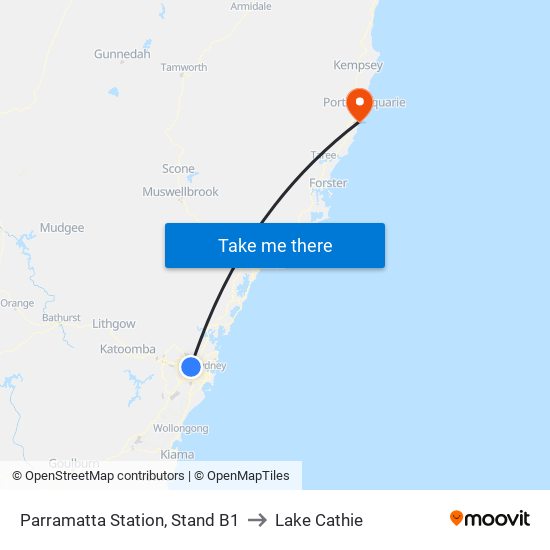 Parramatta Station, Stand B1 to Lake Cathie map