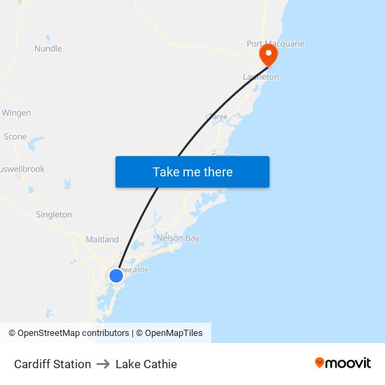 Cardiff Station to Lake Cathie map