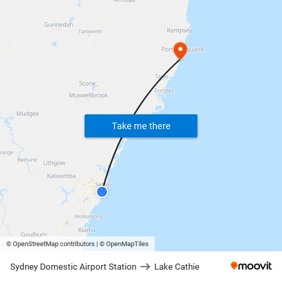 Sydney Domestic Airport Station to Lake Cathie map