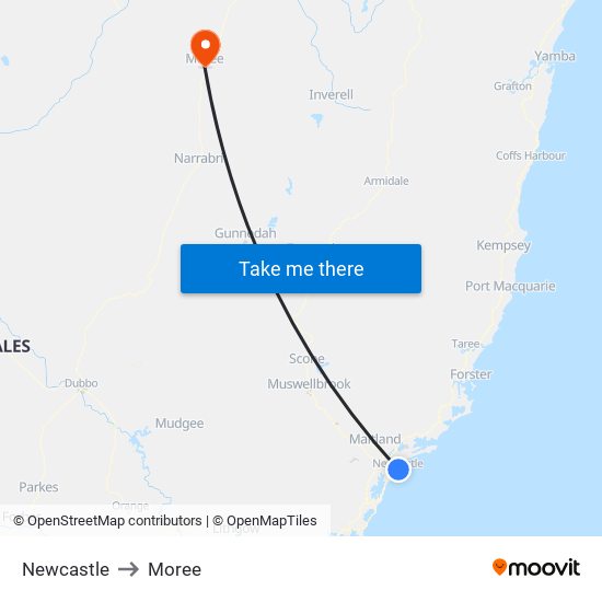 Newcastle to Moree map