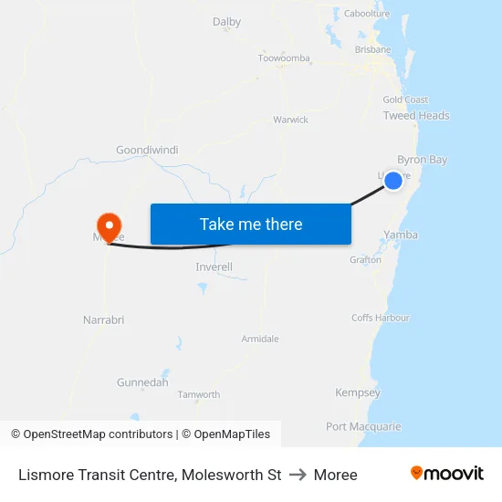 Lismore Transit Centre, Molesworth St to Moree map