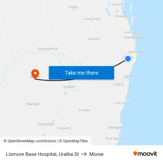 Lismore Base Hospital, Uralba St to Moree map