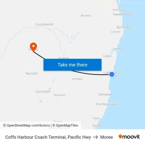Coffs Harbour Coach Terminal, Pacific Hwy to Moree map