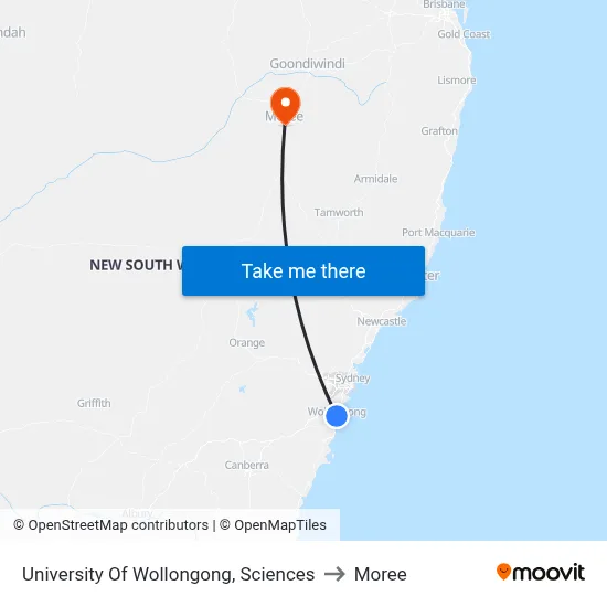University Of Wollongong, Sciences to Moree map