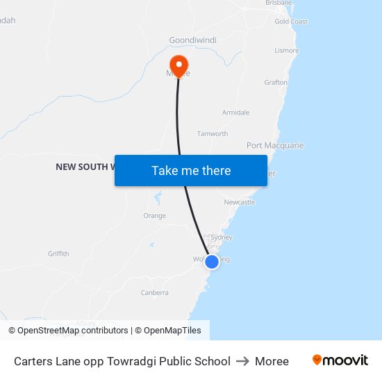 Carters Lane opp Towradgi Public School to Moree map