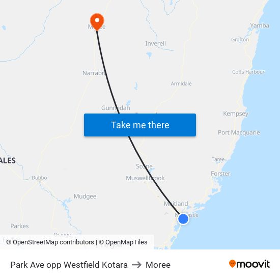 Park Ave opp Westfield Kotara to Moree map