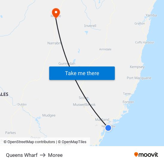 Queens Wharf to Moree map