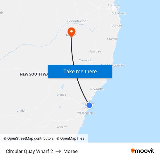 Circular Quay Wharf 2 to Moree map