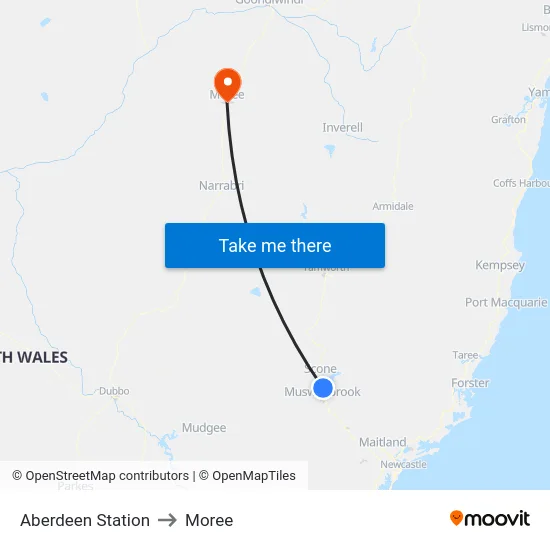 Aberdeen Station to Moree map