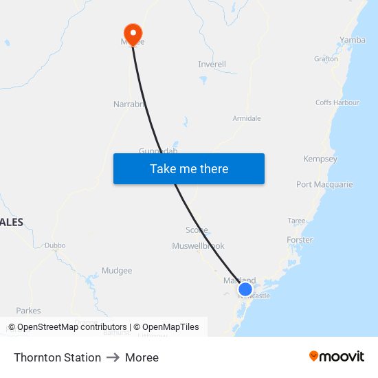 Thornton Station to Moree map