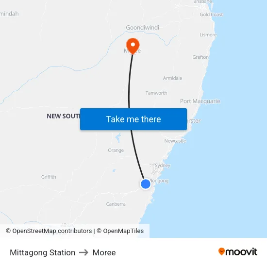 Mittagong Station to Moree map