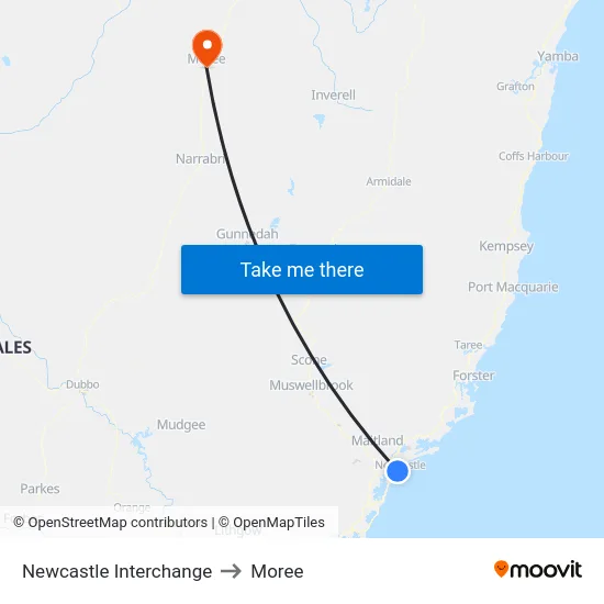 Newcastle Interchange Station to Moree map