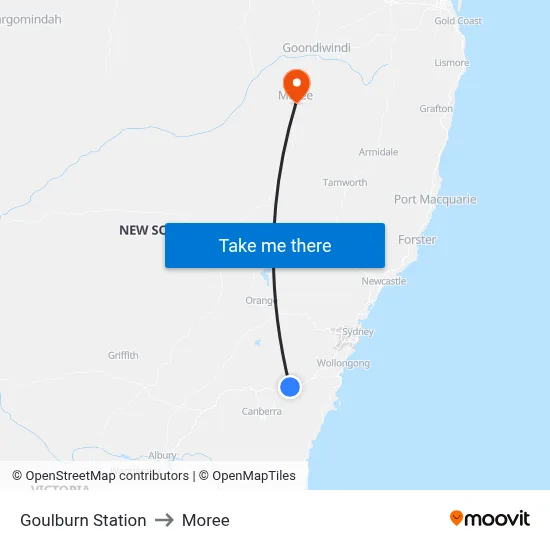 Goulburn Station to Moree map