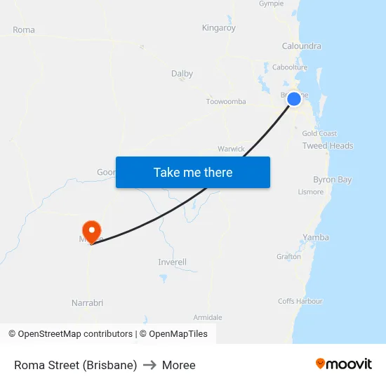 Roma Street (Brisbane) to Moree map