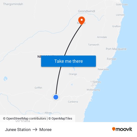 Junee Station to Moree map