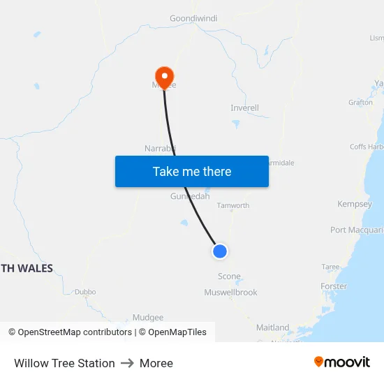 Willow Tree Station to Moree map