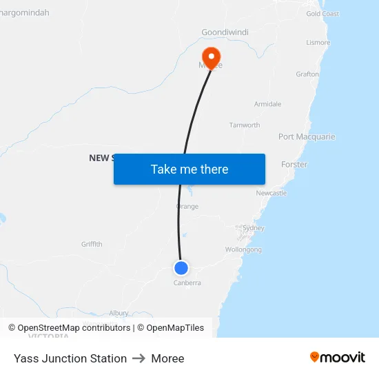 Yass Junction to Moree map