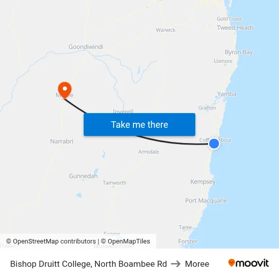 Bishop Druitt College, North Boambee Rd to Moree map